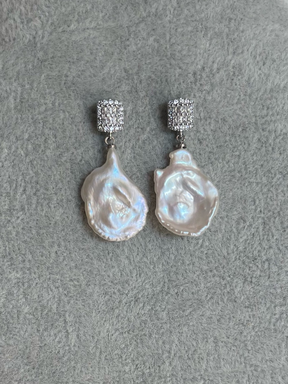 Baroque Pearl Drop Earrings with Crystal Pavé Studs - White 925 silver posts - Picture 2 of 3